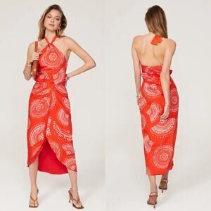 Andres Otalora Selva Dress Mosaic Print Cotton Poplin Halter Midi Orange Size 10